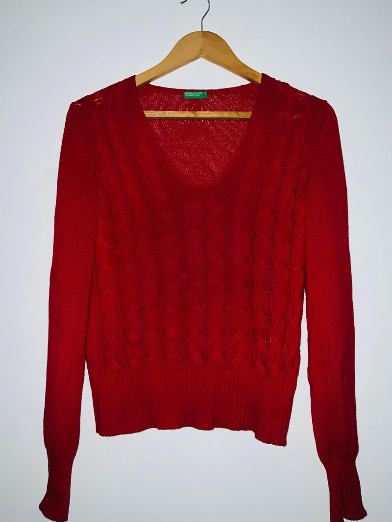 BENETTON Sweater tejido cuello en V. Talla S