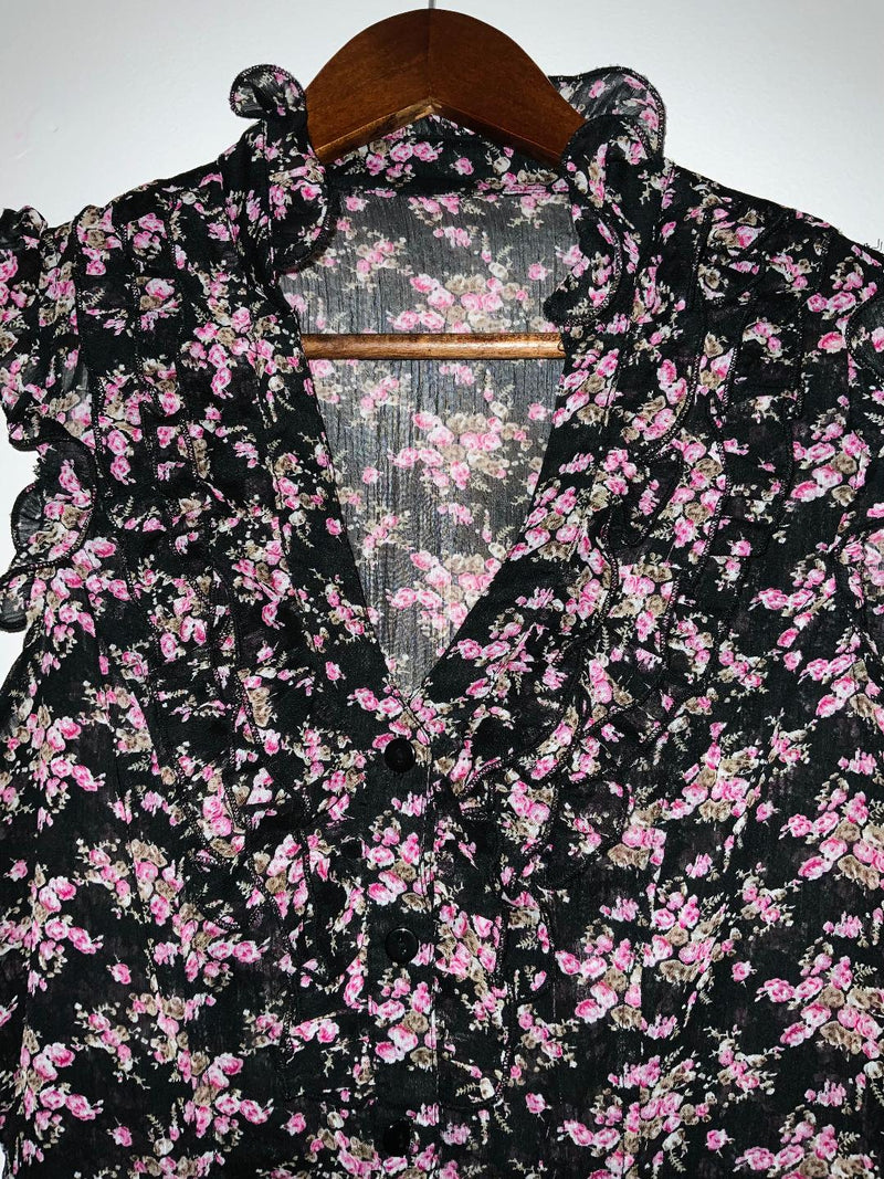 BLUSA Estampada manga sisa con ruches. Talla S