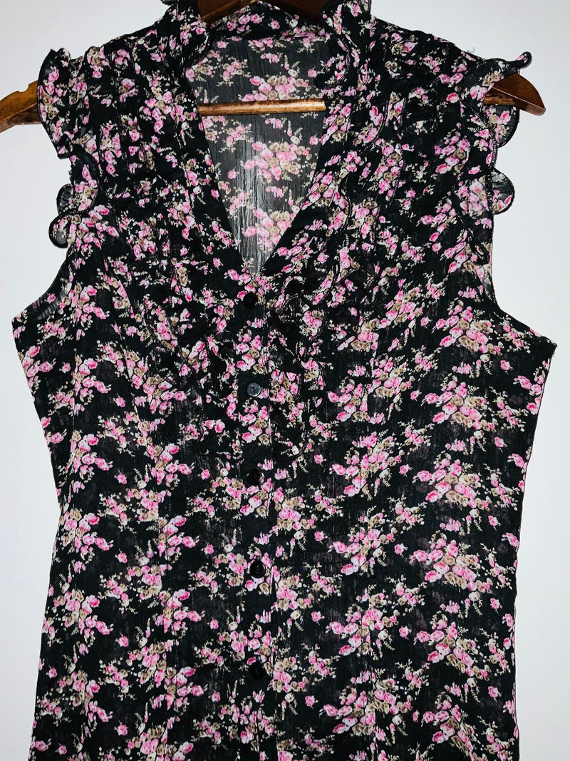 BLUSA Estampada manga sisa con ruches. Talla S